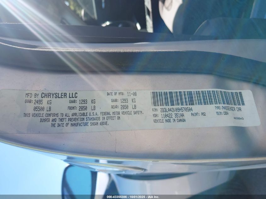 2009 Dodge Charger VIN: 2B3LA43V09H570504 Lot: 43355386