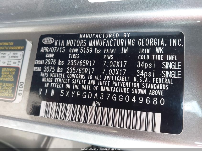 2016 Kia Sorento 2.4L Lx VIN: 5XYPGDA37GG049680 Lot: 43355413