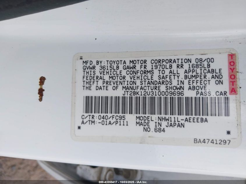 2001 Toyota Prius VIN: JT2BK12U310009696 Lot: 43355417