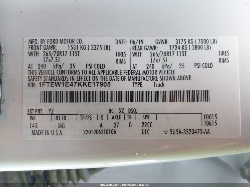2019 Ford F-150 Xlt VIN: 1FTEW1E47KKE17905 Lot: 43355418