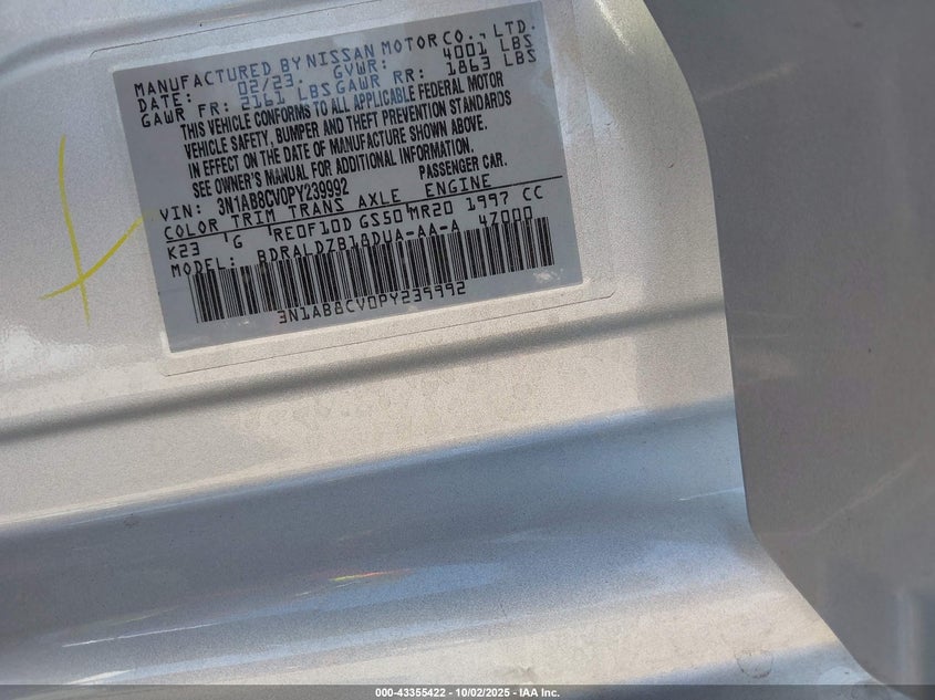 2023 Nissan Sentra Sv Xtronic Cvt VIN: 3N1AB8CV0PY239992 Lot: 43355422