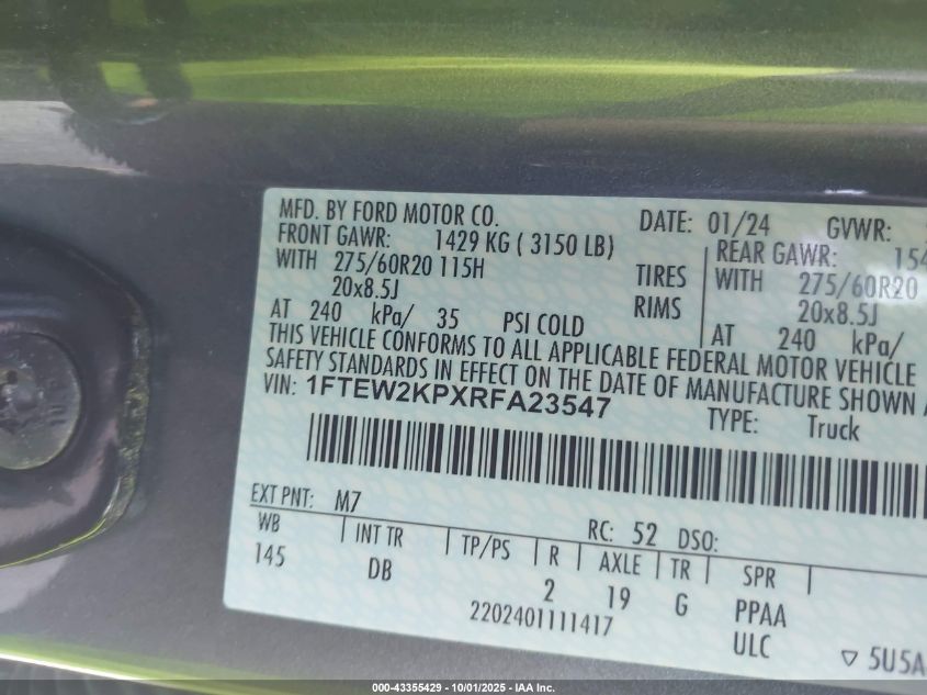 2024 Ford F-150 Stx VIN: 1FTEW2KPXRFA23547 Lot: 43355429