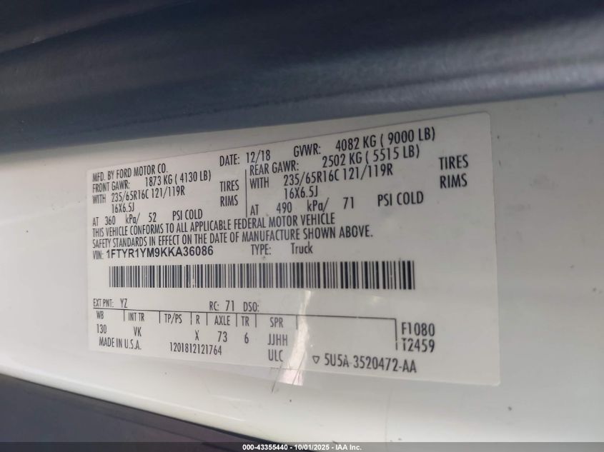 2019 Ford Transit-250 VIN: 1FTYR1YM9KKA36086 Lot: 43355440