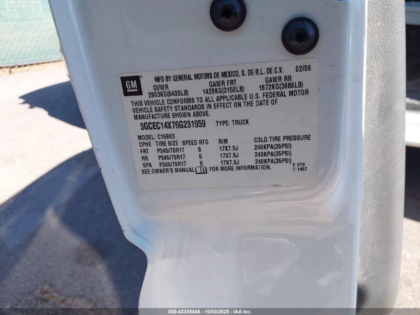 2006 Chevrolet Silverado 1500 Work Truck VIN: 3GCEC14X76G231959 Lot: 43355448