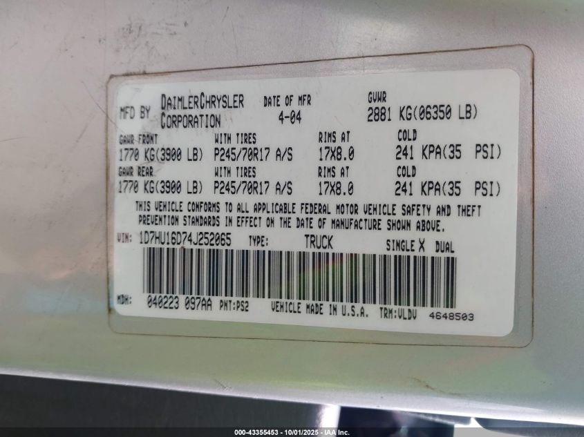 2004 Dodge Ram 1500 Slt/Laramie VIN: 1D7HU16D74J252065 Lot: 43355453