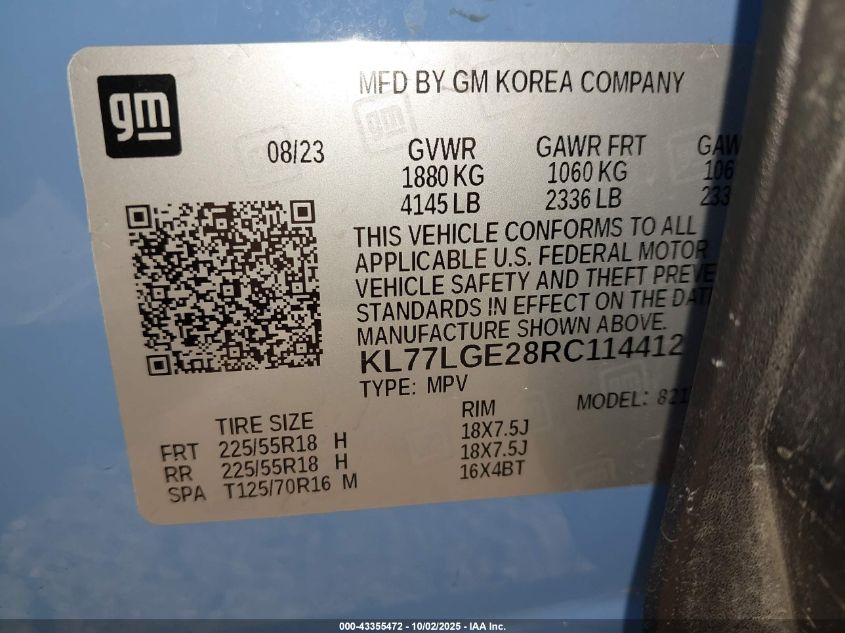 2024 Chevrolet Trax Fwd 1Rs VIN: KL77LGE28RC114412 Lot: 43355472