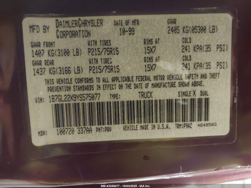2000 Dodge Dakota Slt/Sport VIN: 1B7GL22X9YS575077 Lot: 43355477