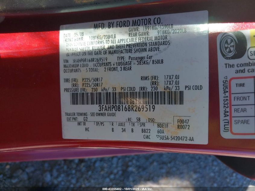 2008 Ford Fusion Sel VIN: 3FAHP08168R269519 Lot: 43355482
