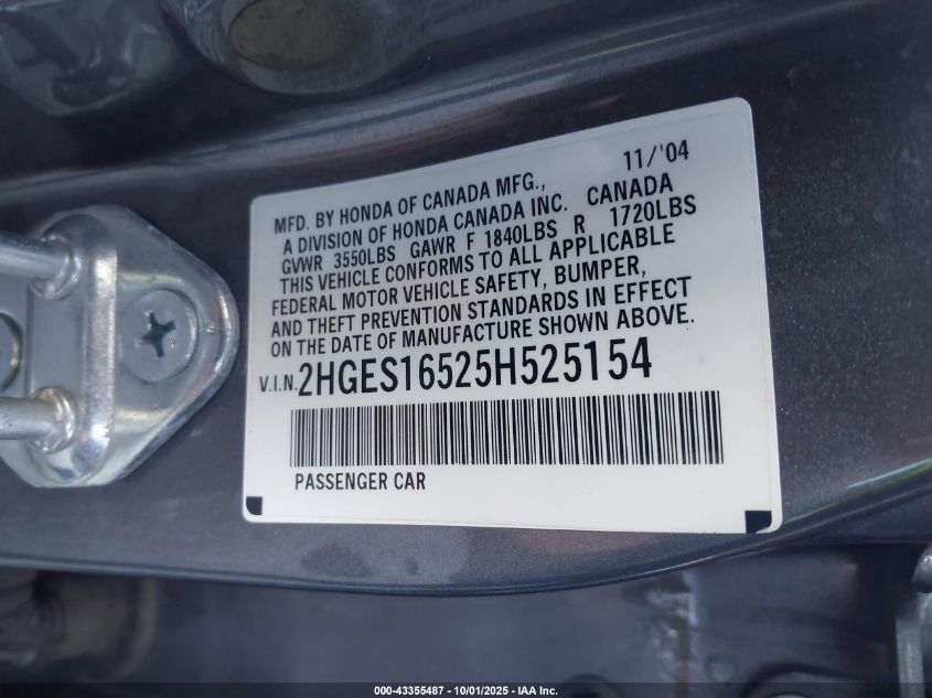 2005 Honda Civic Lx VIN: 2HGES16525H525154 Lot: 43355487