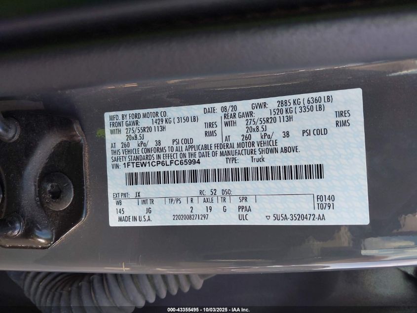 2020 Ford F-150 Xl VIN: 1FTEW1CP6LFC65994 Lot: 43355495