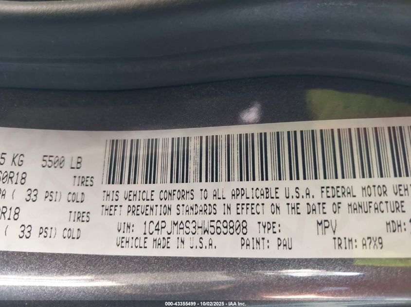 2017 Jeep Cherokee Altitude 4X4 VIN: 1C4PJMAS3HW569808 Lot: 43355499