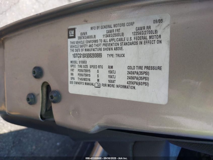 2003 GMC Sonoma Sls VIN: 1GTCS19X938280889 Lot: 43355500