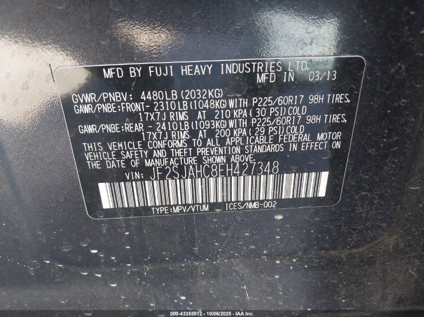 2014 Subaru Forester 2.5I Limited VIN: JF2SJAHC8EH427348 Lot: 43355512