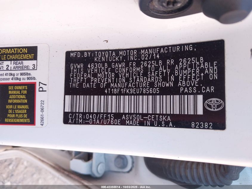 2014 Toyota Camry Se VIN: 4T1BF1FK9EU785605 Lot: 43355514