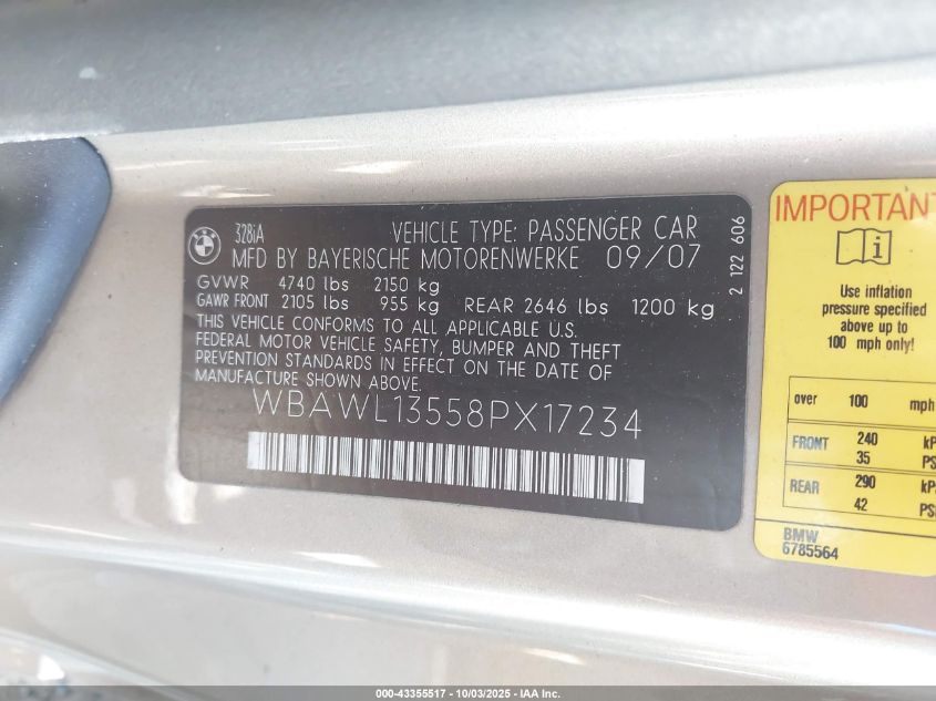 2008 BMW 328I VIN: WBAWL13558PX17234 Lot: 43355517