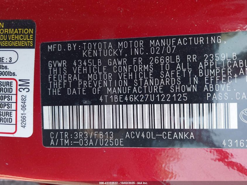 2007 Toyota Camry Le VIN: 4T1BE46K27U122125 Lot: 43355522