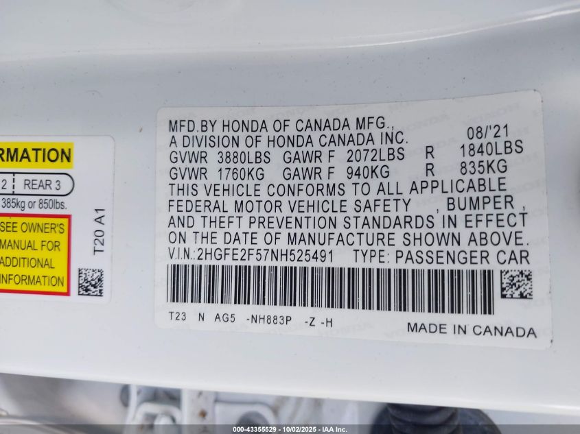 2022 Honda Civic Sport VIN: 2HGFE2F57NH525491 Lot: 43355529