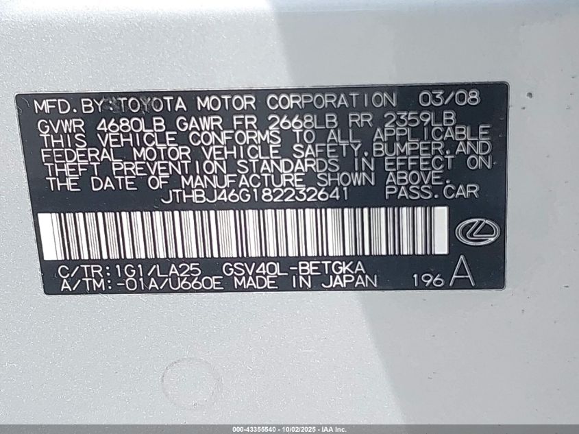 2008 Lexus Es 350 VIN: JTHBJ46G182232641 Lot: 43355540