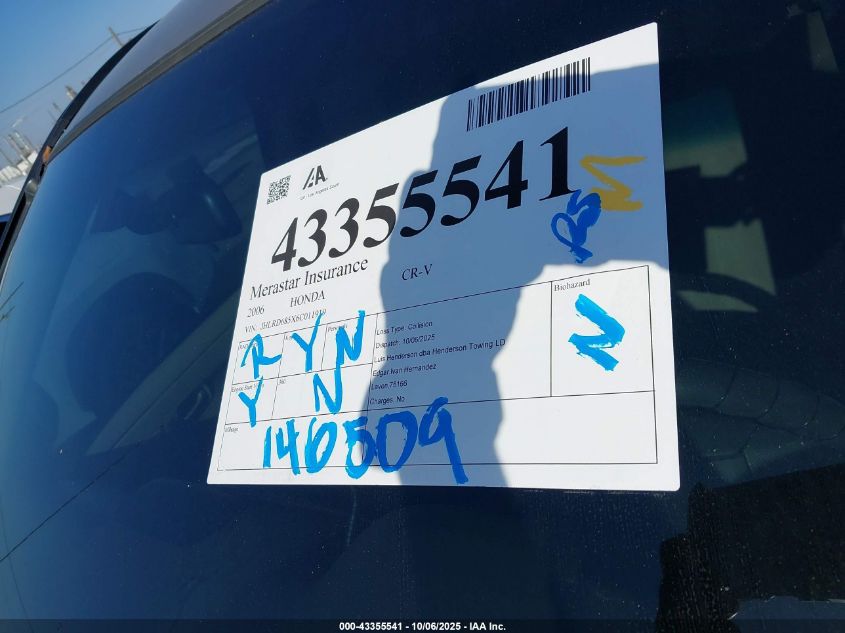 2006 Honda Cr-V Lx VIN: JHLRD685X6C011919 Lot: 43355541