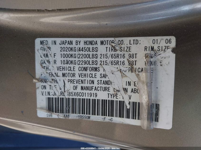 2006 Honda Cr-V Lx VIN: JHLRD685X6C011919 Lot: 43355541