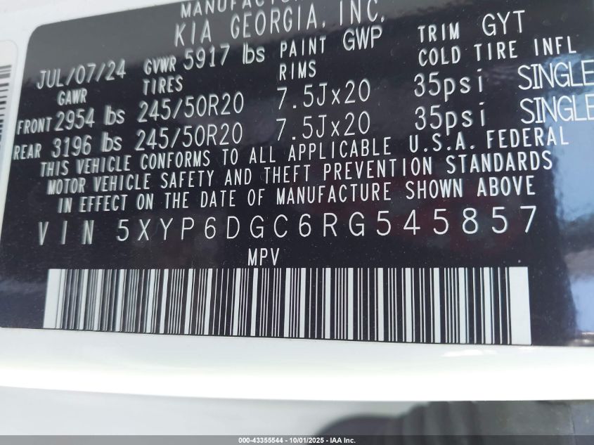 2024 Kia Telluride S VIN: 5XYP6DGC6RG545857 Lot: 43355544