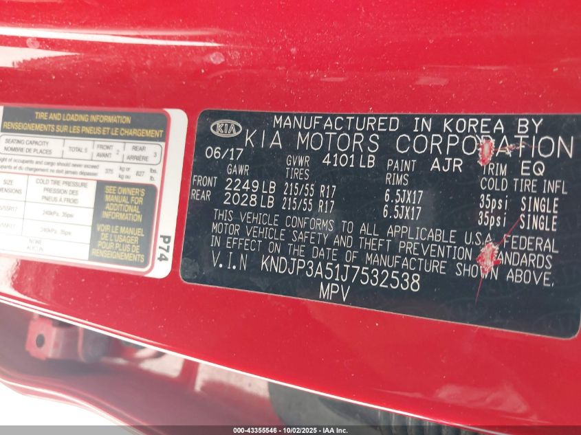 2018 Kia Soul + VIN: KNDJP3A51J7532538 Lot: 43355546
