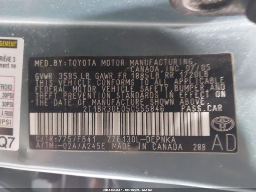 2005 Toyota Corolla Le VIN: 2T1BR30E05C555846 Lot: 43355547