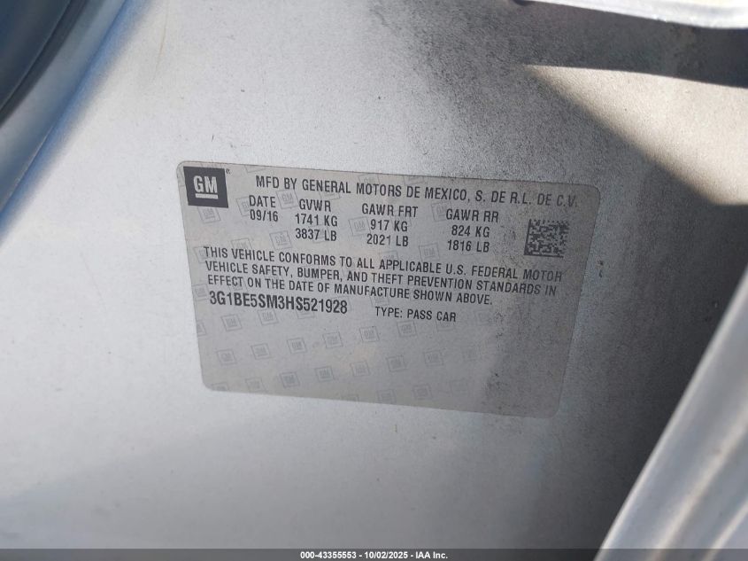 2017 Chevrolet Cruze Lt Auto VIN: 3G1BE5SM3HS521928 Lot: 43355553