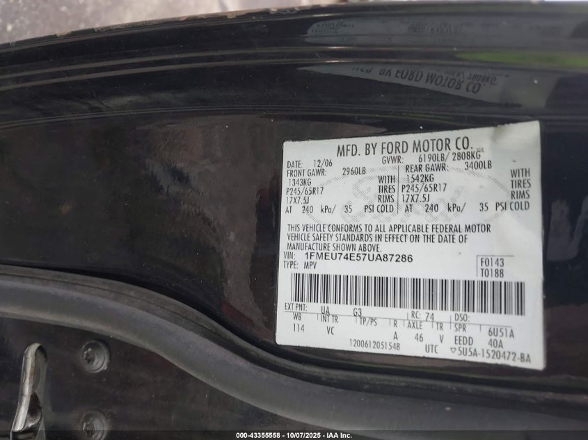 2007 Ford Explorer Eddie Bauer VIN: 1FMEU74E57UA87286 Lot: 43355558