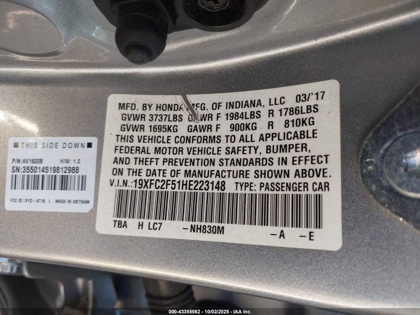 2017 Honda Civic Lx VIN: 19XFC2F51HE223148 Lot: 43355562