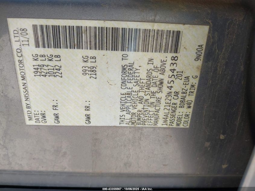 2009 Nissan Altima 2.5 S VIN: 1N4AL21E29N455438 Lot: 43355567