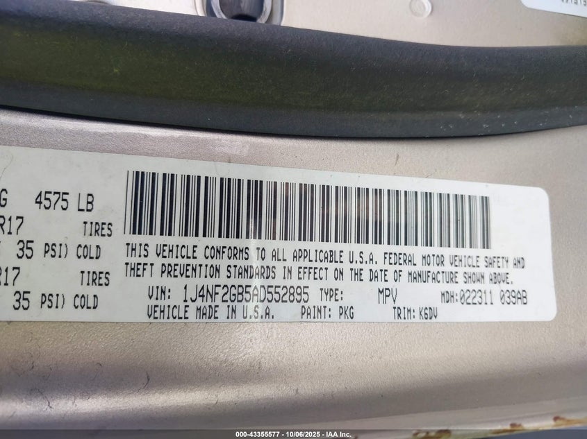 2010 Jeep Patriot Sport VIN: 1J4NF2GB5AD552895 Lot: 43355577