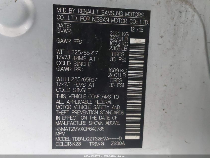 2016 Nissan Rogue Sv VIN: KNMAT2MVXGP641736 Lot: 43355579