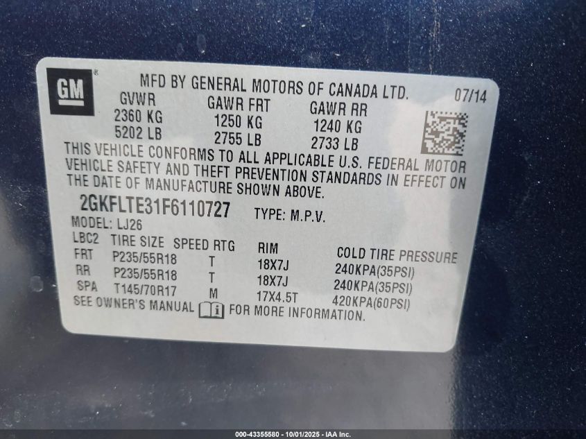 2015 GMC Terrain Slt-2 VIN: 2GKFLTE31F6110727 Lot: 43355580