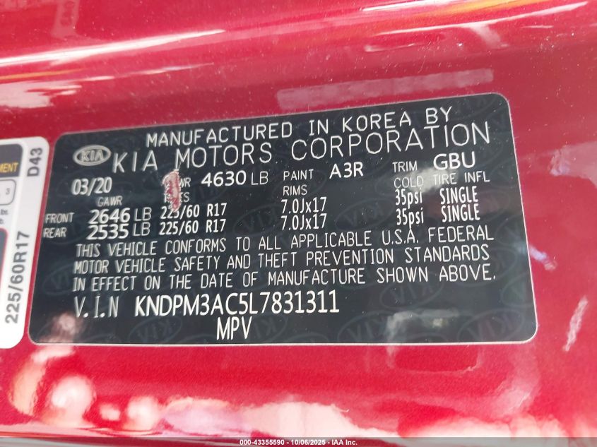 2020 Kia Sportage Lx VIN: KNDPM3AC5L7831311 Lot: 43355590