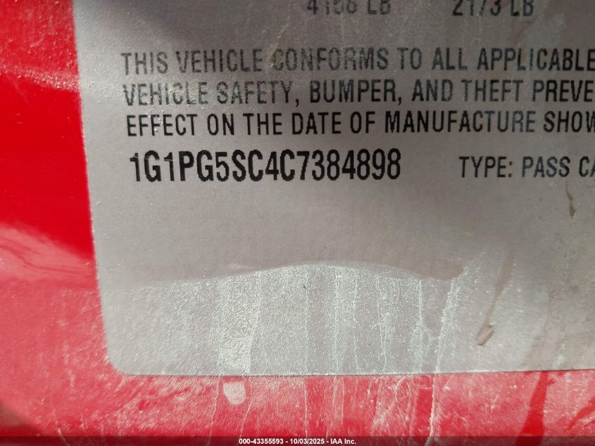 2012 Chevrolet Cruze 2Lt VIN: 1G1PG5SC4C7384898 Lot: 43355593