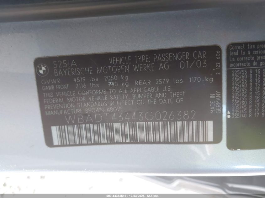 2003 BMW 525Ia VIN: WBADT43443G026382 Lot: 43355616