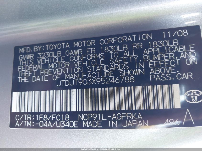 2009 Toyota Yaris VIN: JTDJT903X95246788 Lot: 43355626