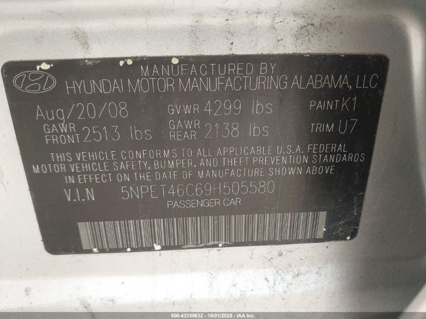 2009 Hyundai Sonata Gls VIN: 5NPET46C69H505580 Lot: 43355632