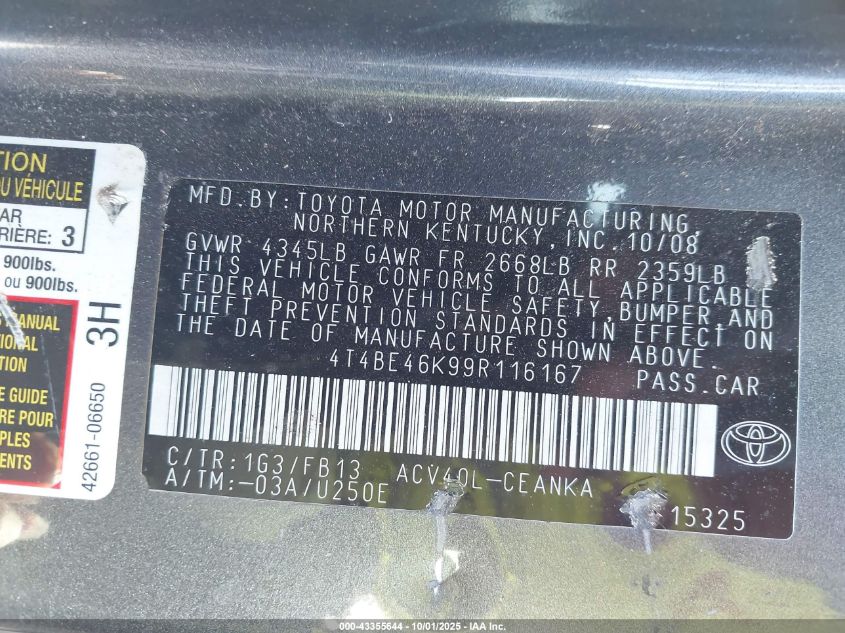 2009 Toyota Camry Le VIN: 4T4BE46K99R116167 Lot: 43355644