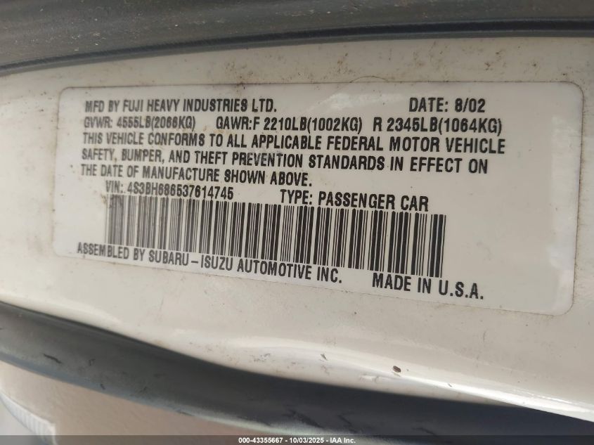 2003 Subaru Outback Limited VIN: 4S3BH686537614745 Lot: 43355667