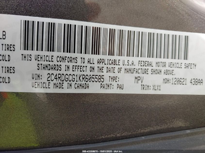 2019 Dodge Grand Caravan Sxt VIN: 2C4RDGCG1KR605585 Lot: 43355670