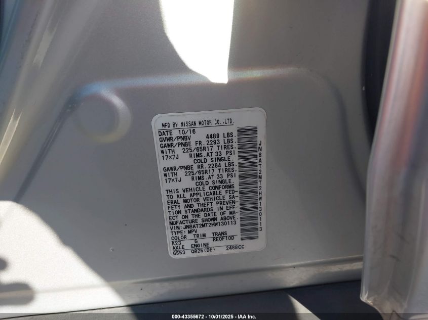 2017 Nissan Rogue Sv VIN: JN8AT2MT2HW130113 Lot: 43355672