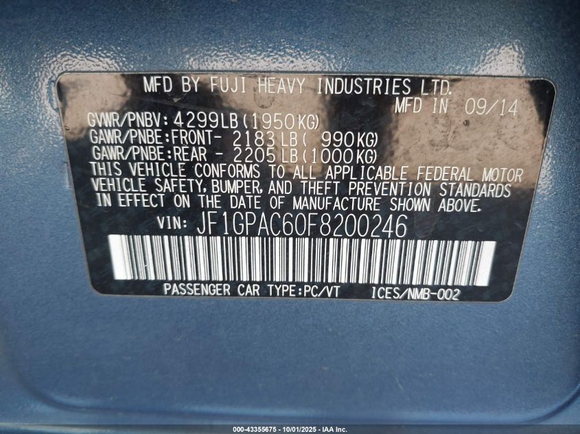 2015 Subaru Impreza 2.0I Premium VIN: JF1GPAC60F8200246 Lot: 43355675
