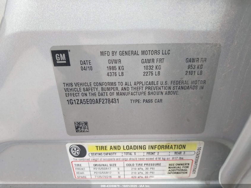 2010 Chevrolet Malibu Ls VIN: 1G1ZA5E09AF278431 Lot: 43355679