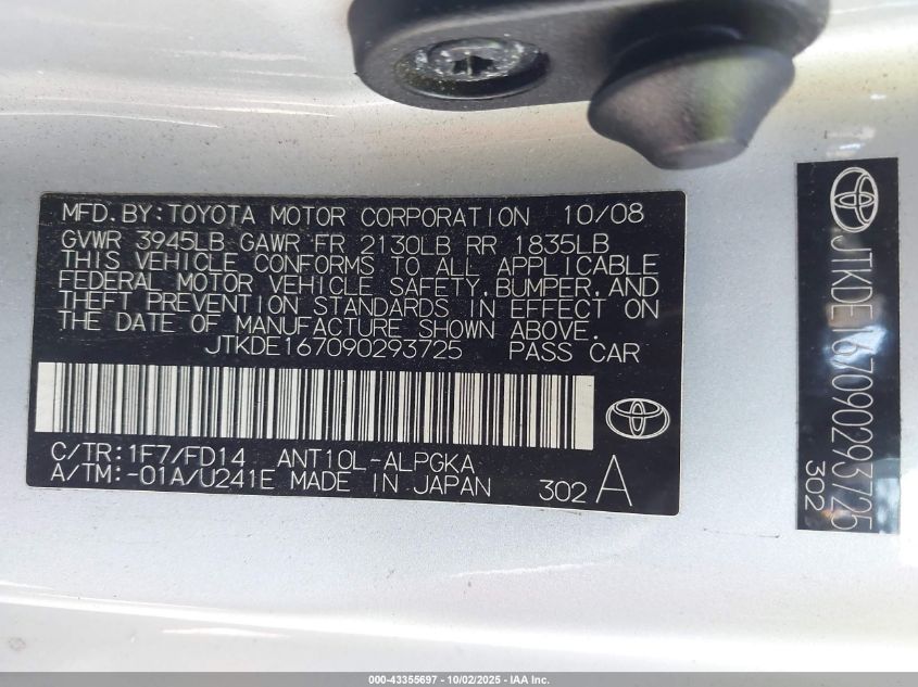 2009 Scion Tc VIN: JTKDE167090293725 Lot: 43355697