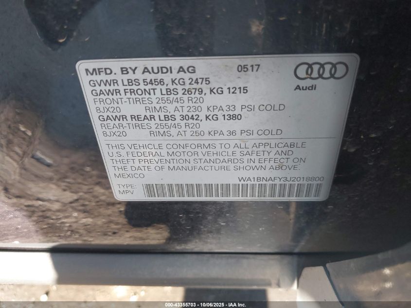 2018 Audi Q5 2.0T Premium/2.0T Tech Premium VIN: WA1BNAFY3J2018800 Lot: 43355703