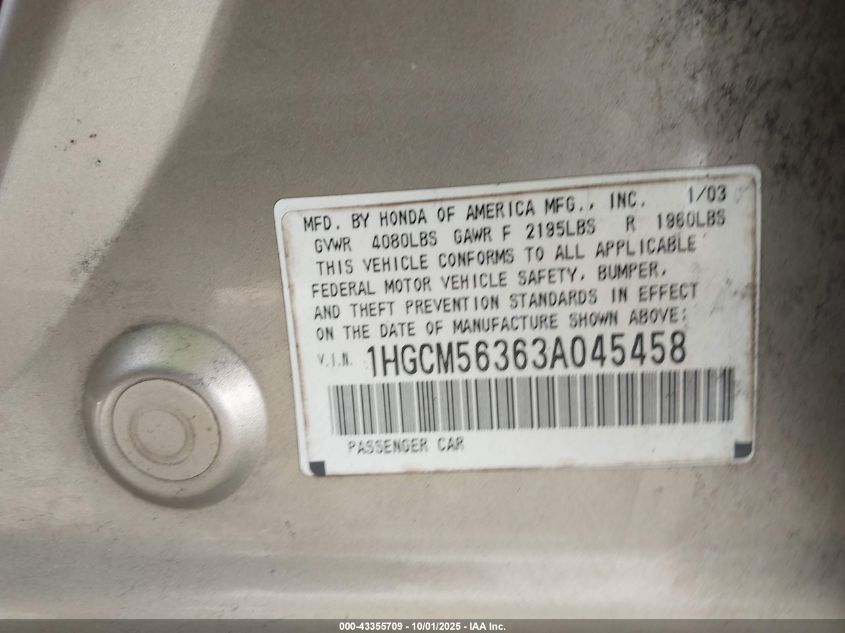 2003 Honda Accord 2.4 Lx VIN: 1HGCM56363A045458 Lot: 43355709