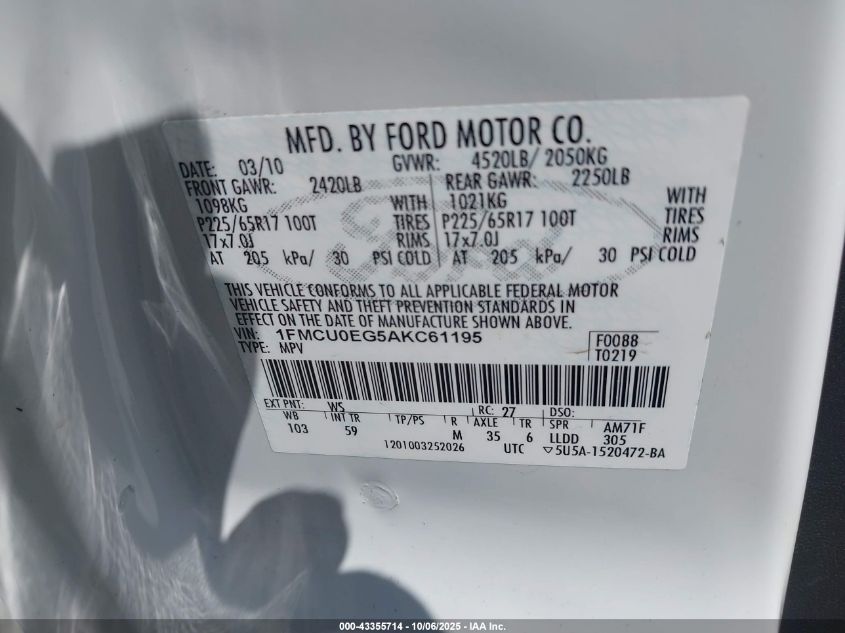 2010 Ford Escape Limited VIN: 1FMCU0EG5AKC61195 Lot: 43355714