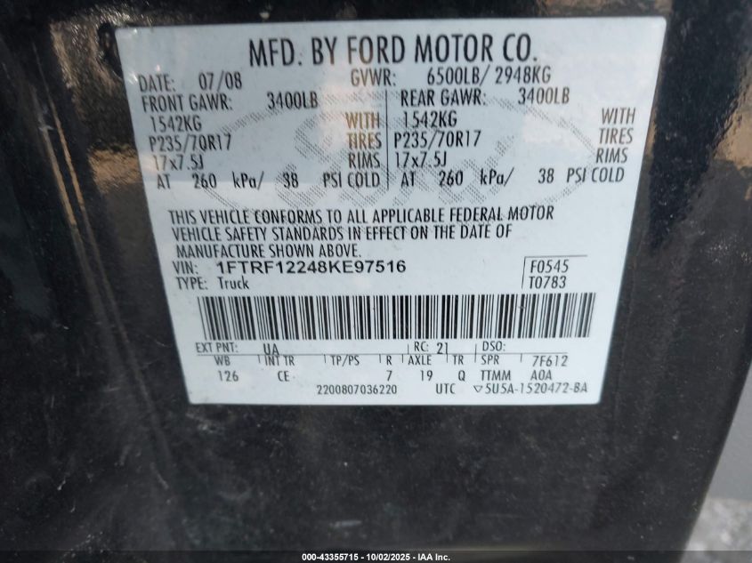 2008 Ford F-150 Stx/Xl/Xlt VIN: 1FTRF12248KE97516 Lot: 43355715